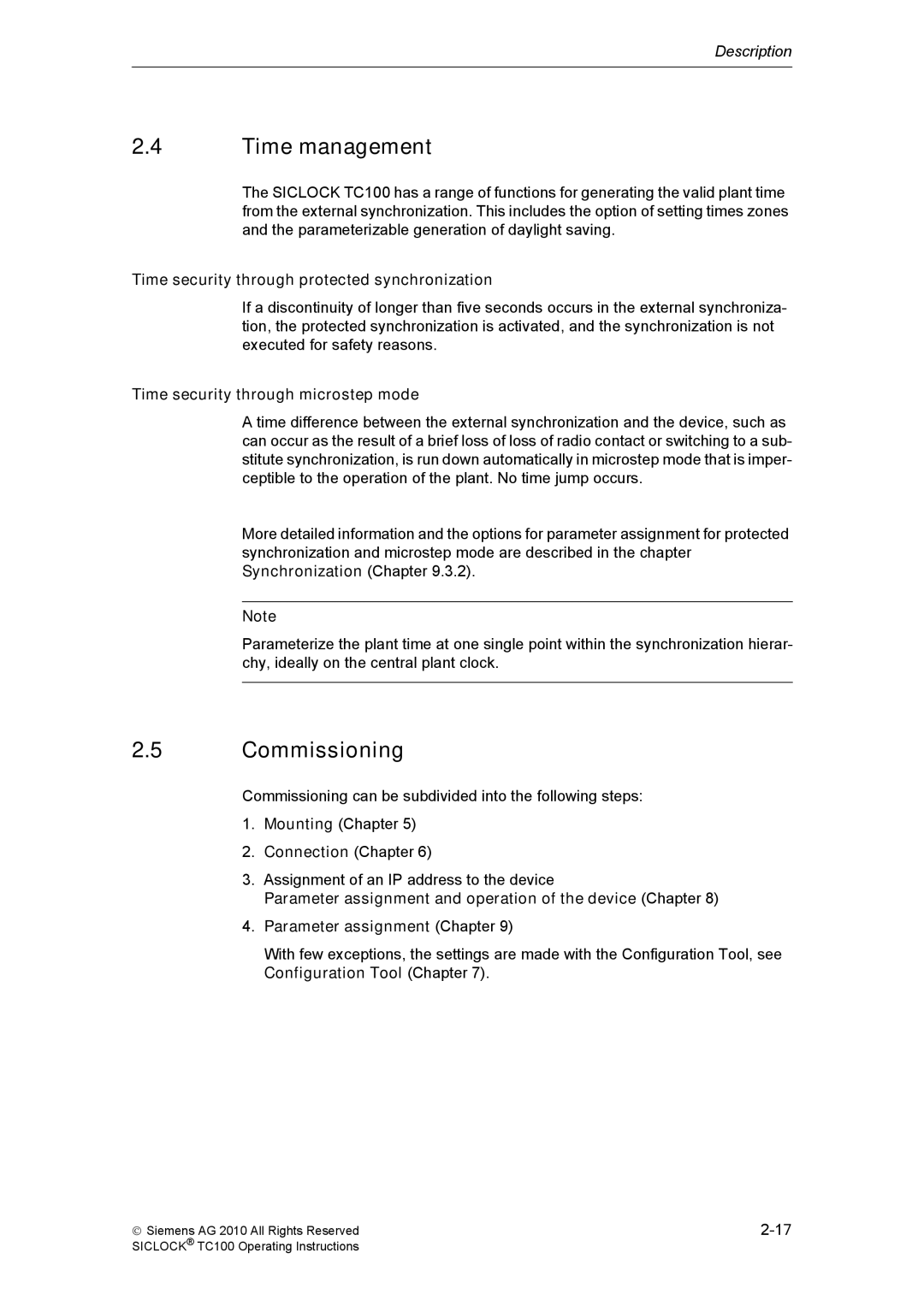 Siemens TC100 manual Time management, Commissioning, Time security through protected synchronization, Connection Chapter 