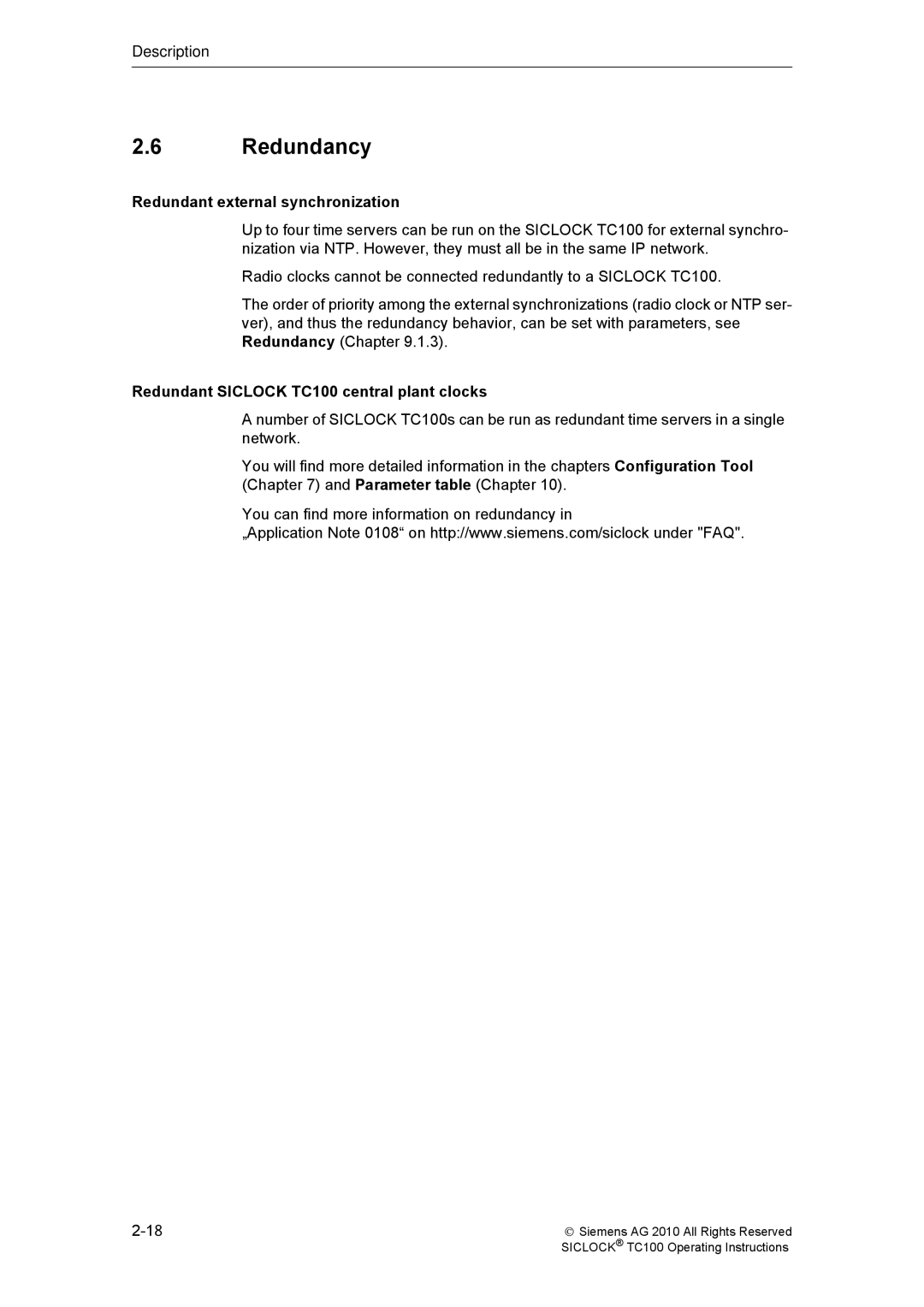 Siemens manual Redundancy, Redundant external synchronization, Redundant Siclock TC100 central plant clocks 