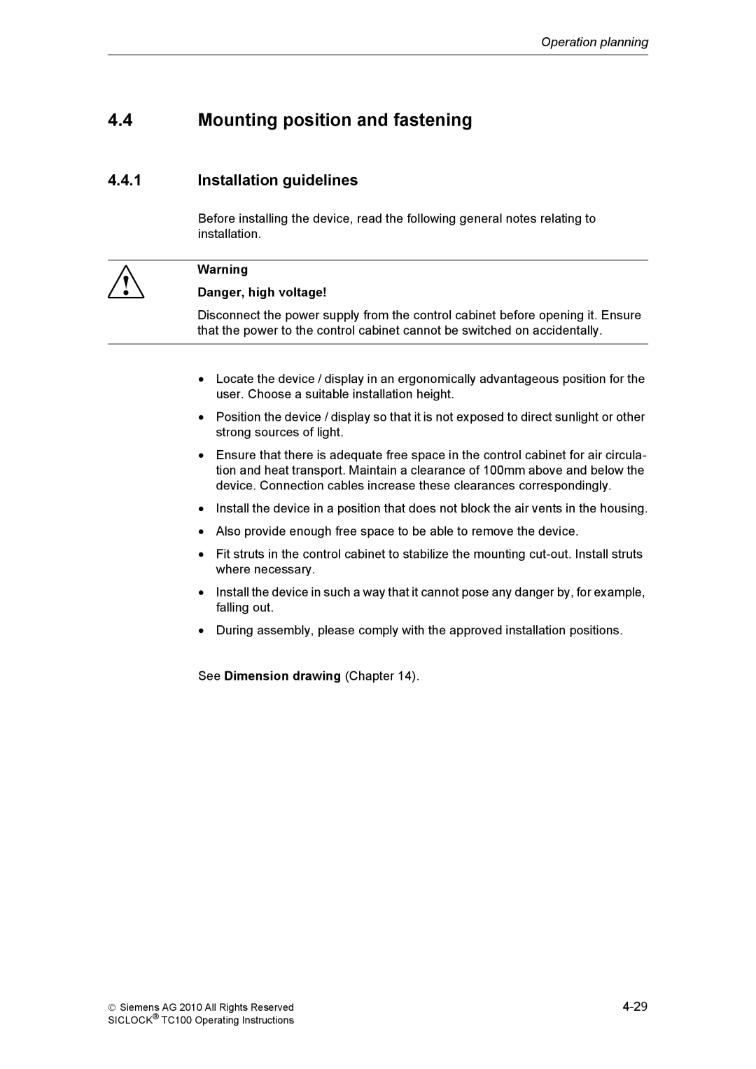 Siemens TC100 manual Mounting position and fastening, Installation guidelines, See Dimension drawing Chapter 