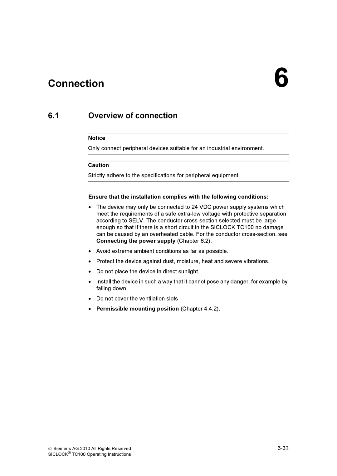 Siemens TC100 manual Connection, Overview of connection, Permissible mounting position Chapter 