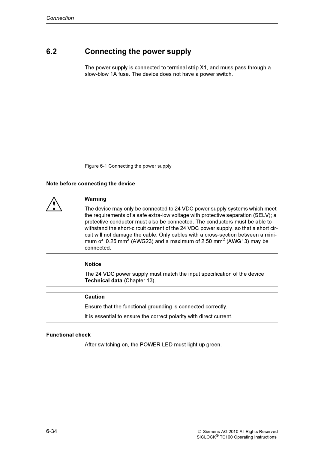 Siemens TC100 manual Connecting the power supply, Functional check 