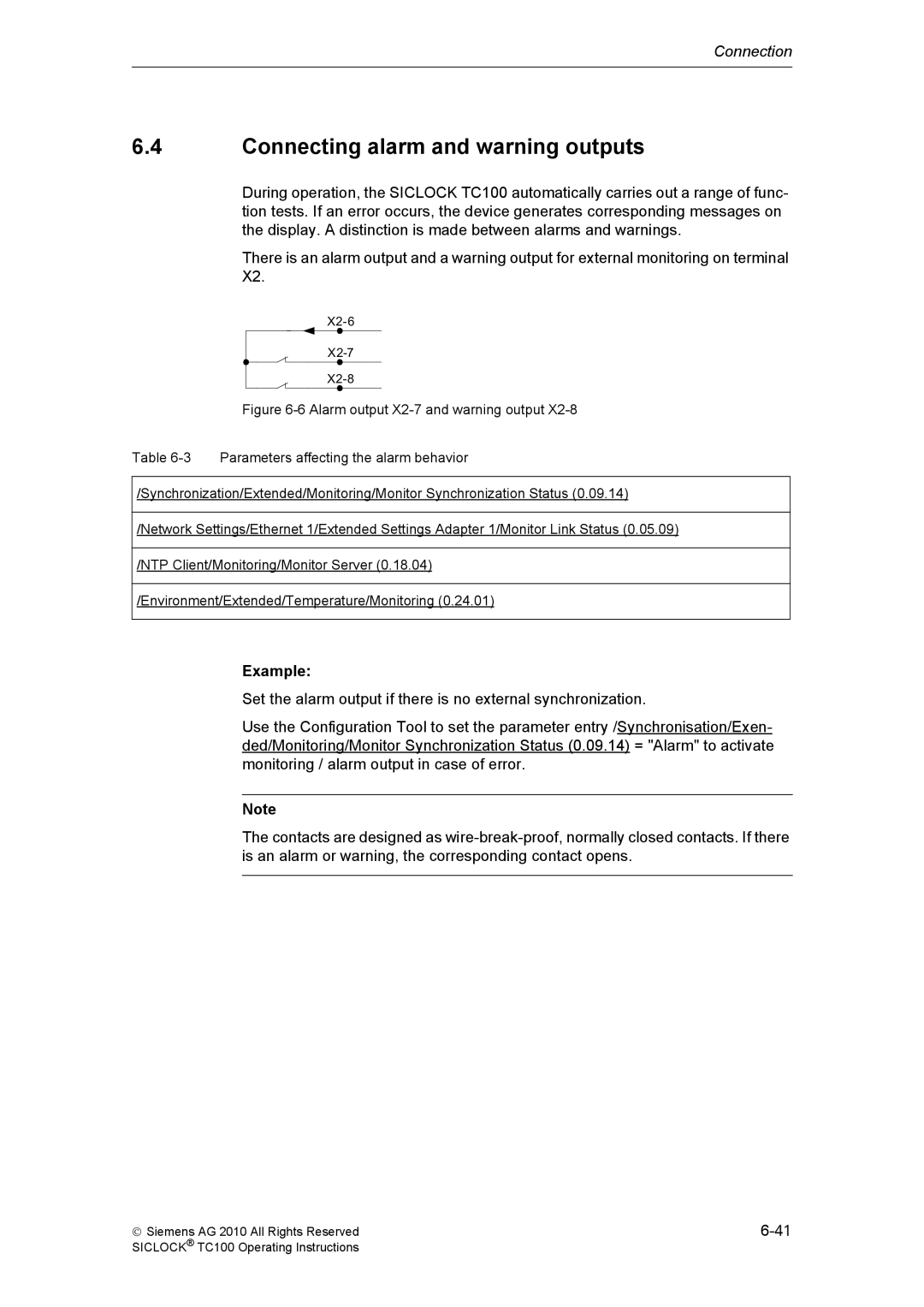 Siemens TC100 manual Connecting alarm and warning outputs, Example 