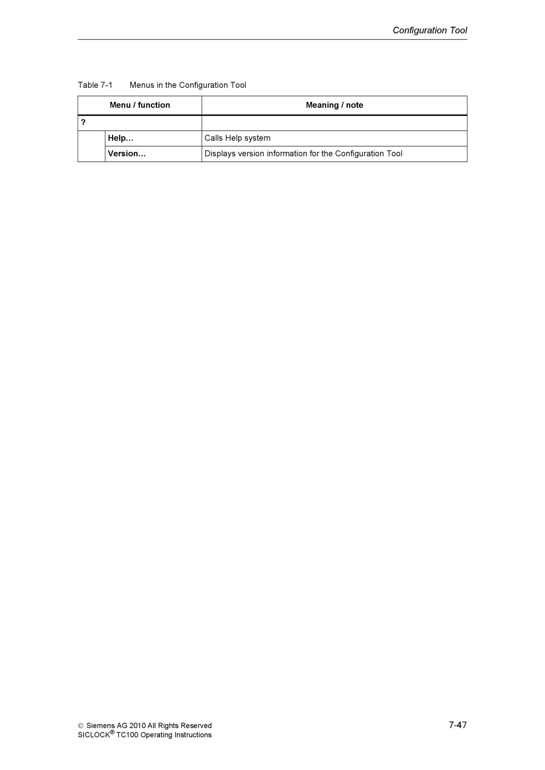 Siemens TC100 manual Menu / function Meaning / note Help…, Version… 