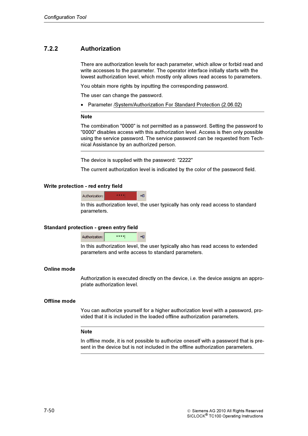 Siemens TC100 manual Authorization, Write protection red entry field, Standard protection green entry field, Online mode 