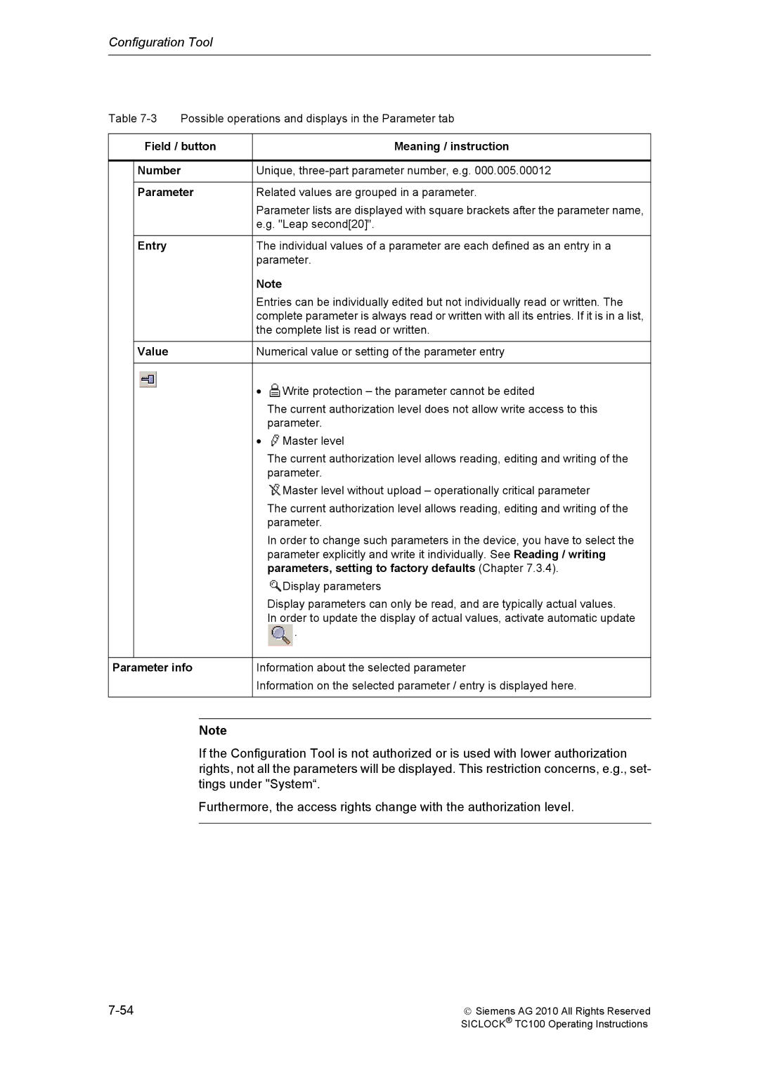 Siemens TC100 manual Field / button Meaning / instruction Number, Entry, Value, Parameter info 