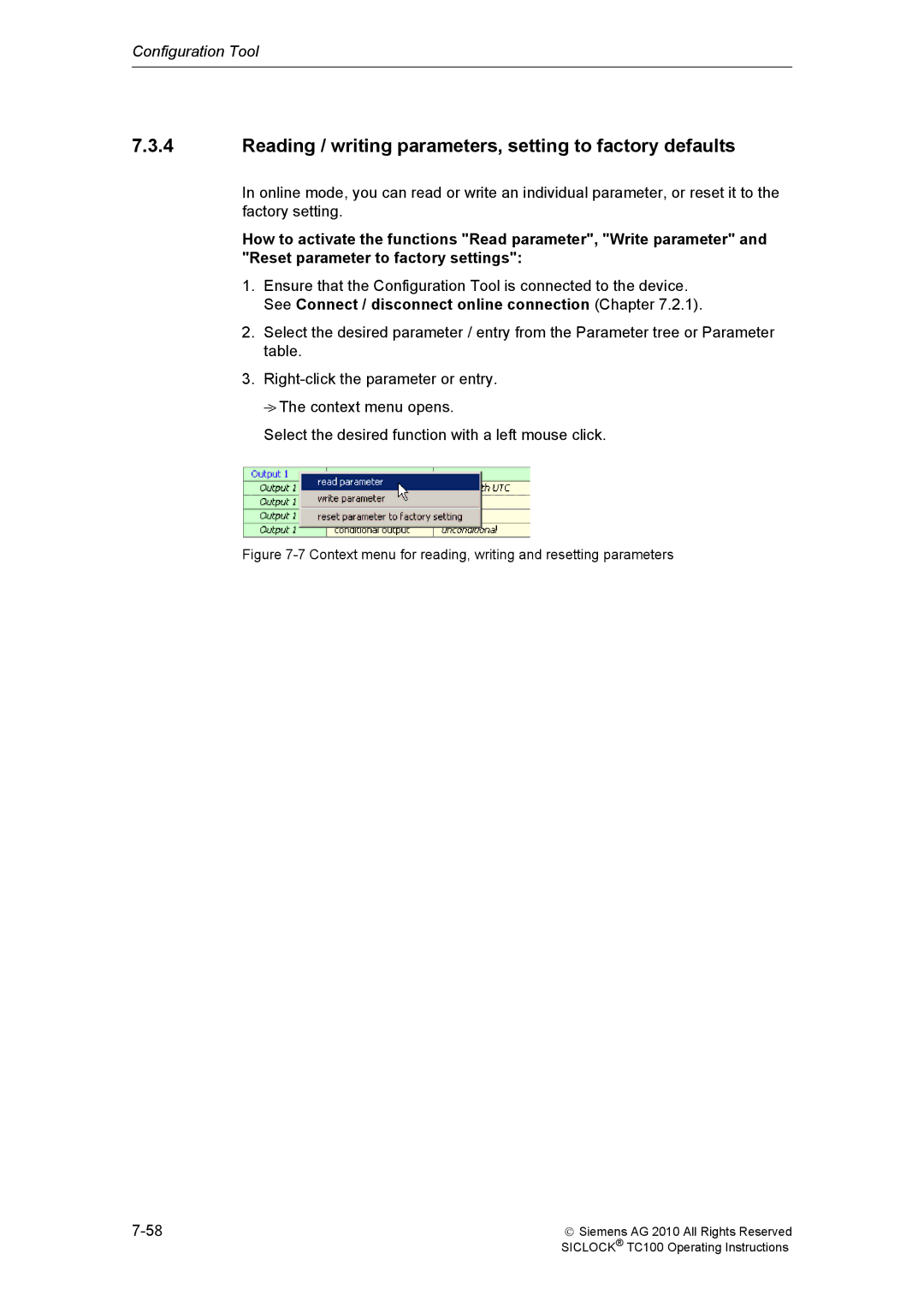 Siemens TC100 manual Reading / writing parameters, setting to factory defaults 