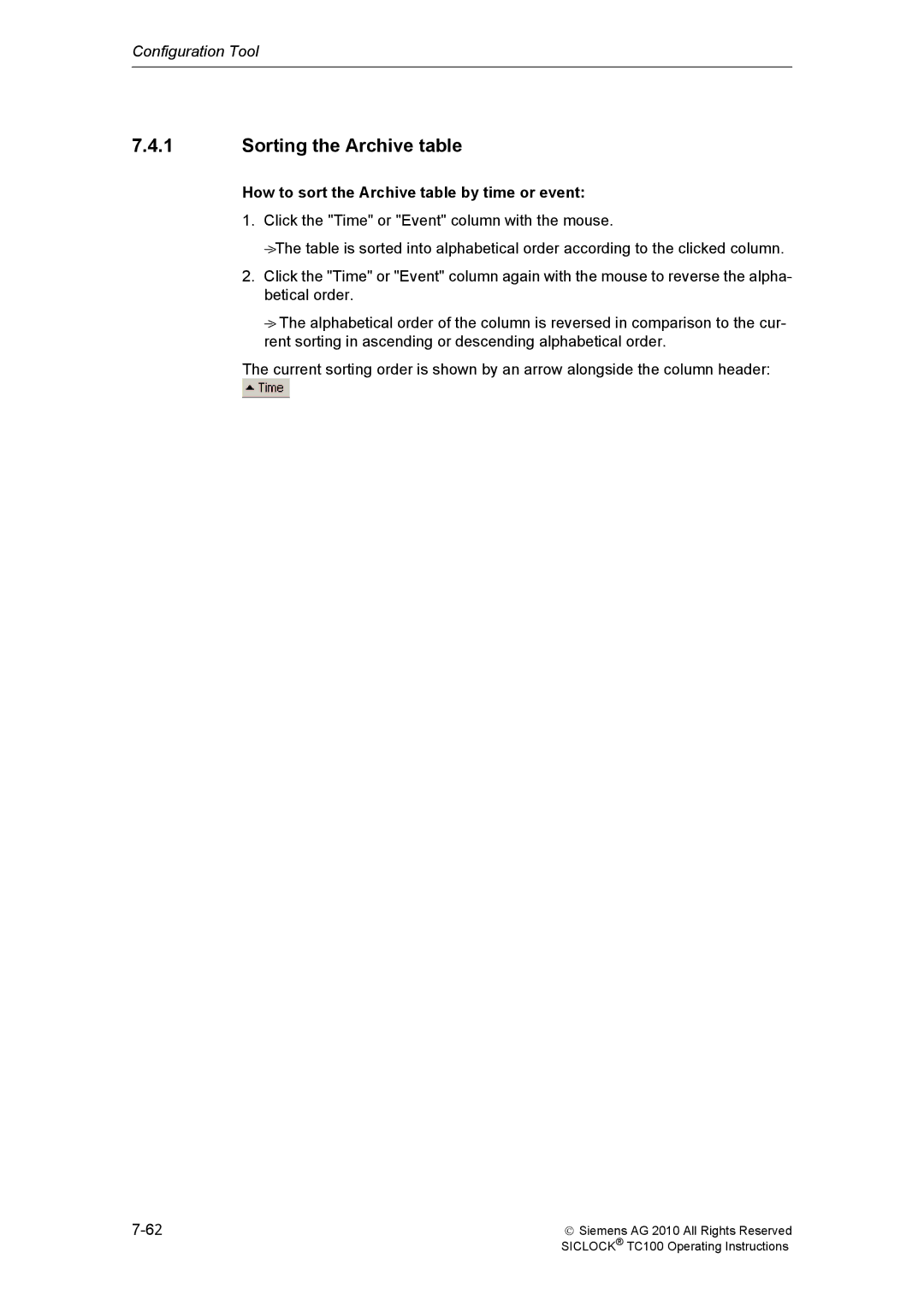 Siemens TC100 manual Sorting the Archive table, How to sort the Archive table by time or event 