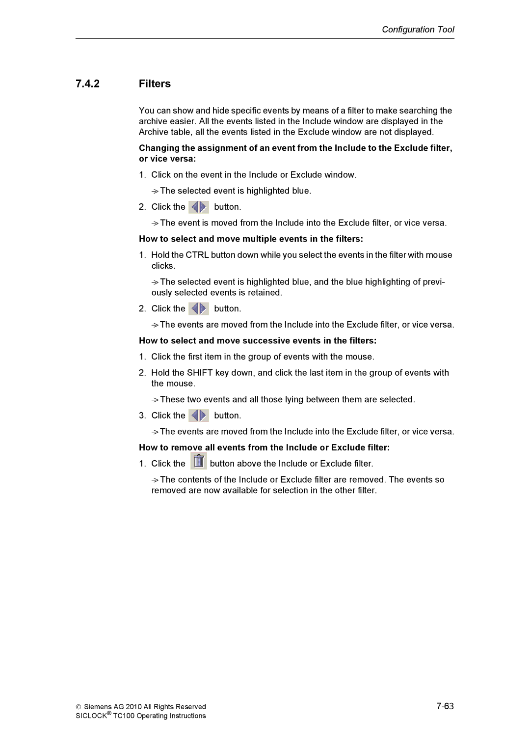 Siemens TC100 manual Filters, How to select and move multiple events in the filters 