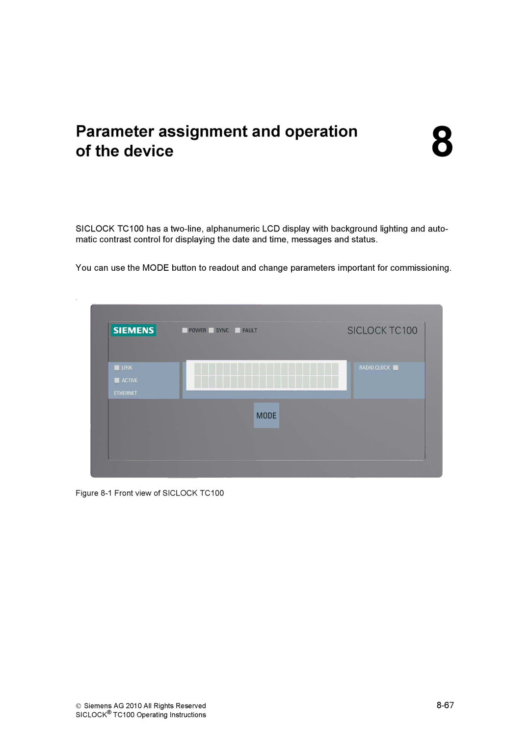 Siemens manual Parameter assignment and operation Device, Front view of Siclock TC100 