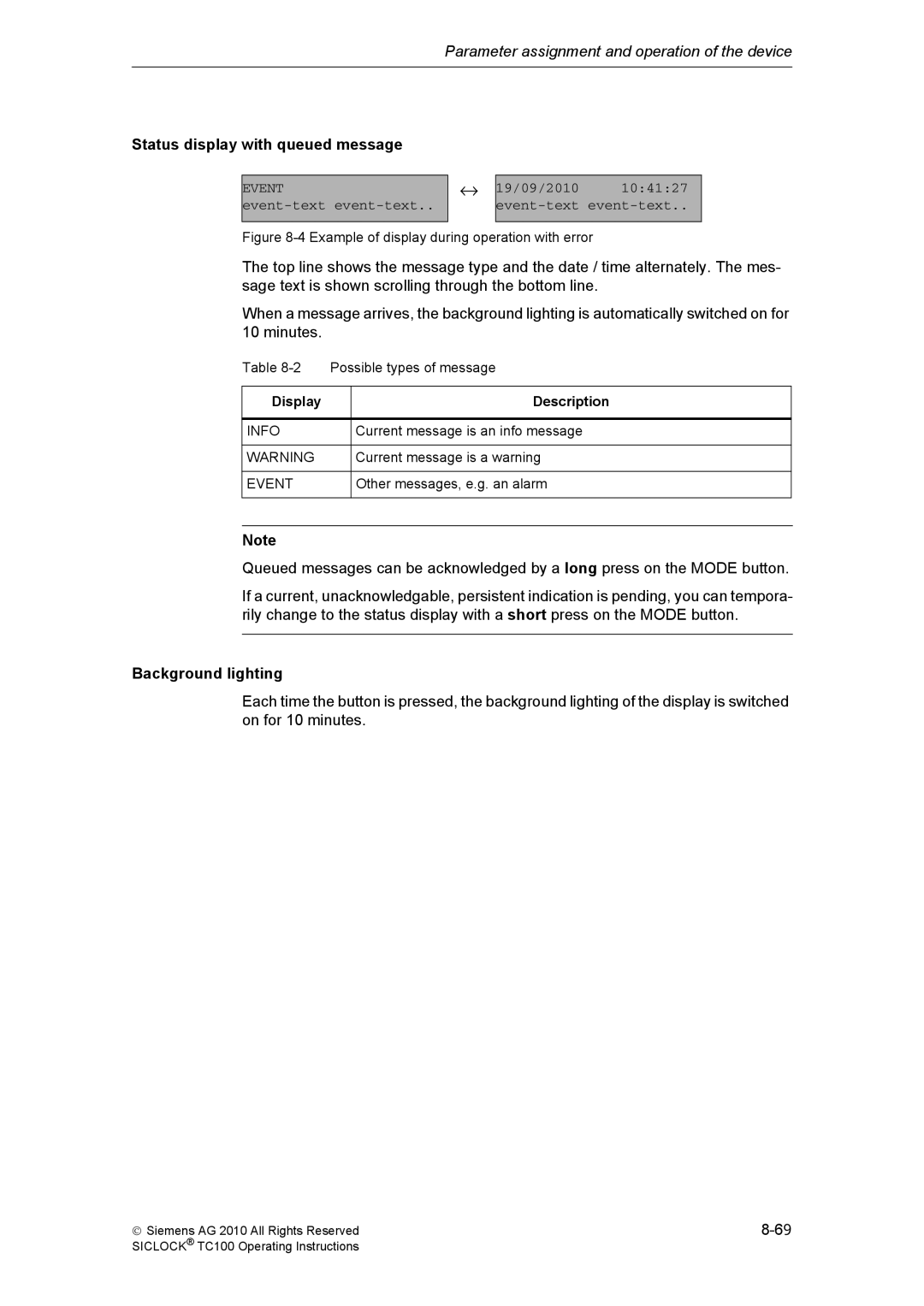 Siemens TC100 manual Status display with queued message, Background lighting 