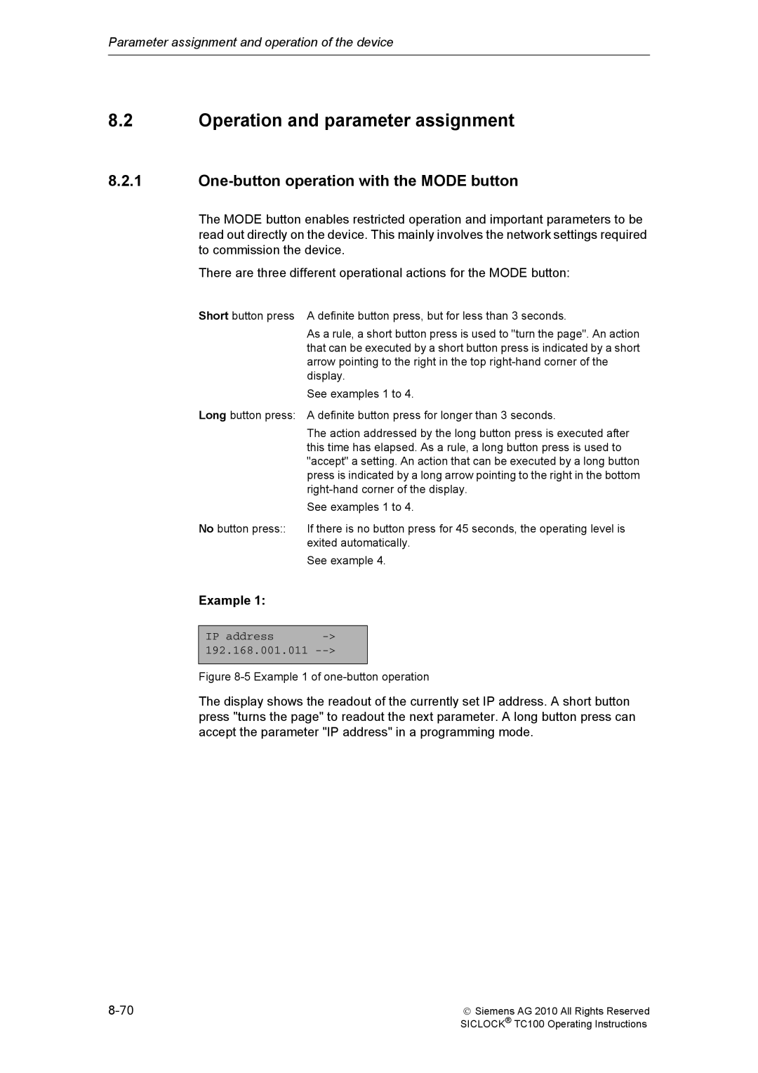 Siemens TC100 manual Operation and parameter assignment, One-button operation with the Mode button 