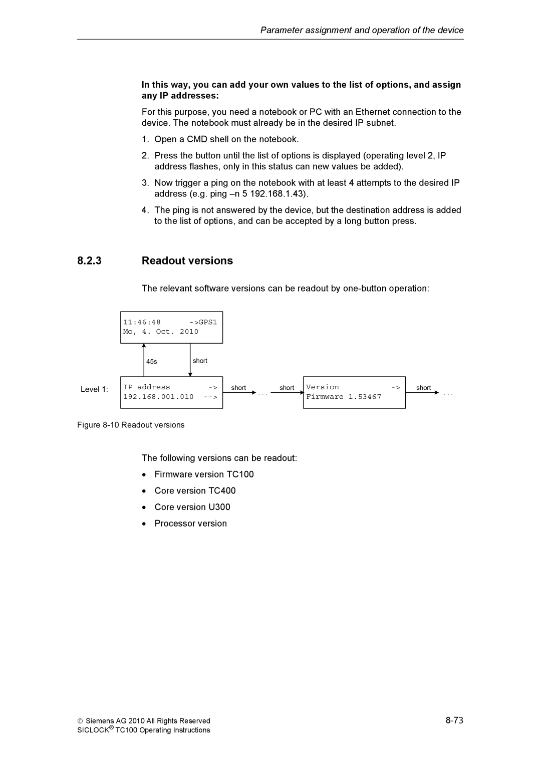 Siemens TC100 manual Readout versions 