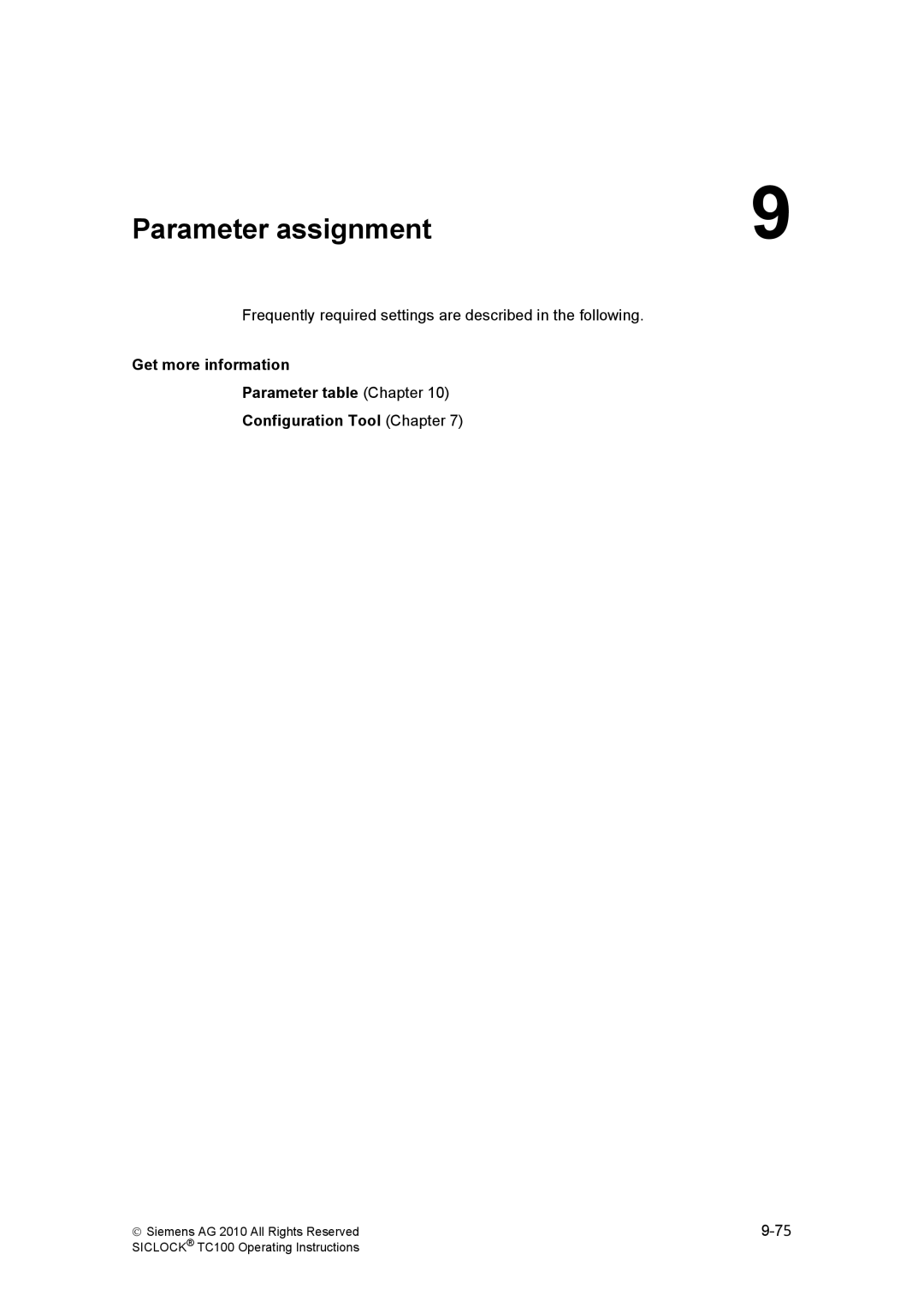 Siemens TC100 manual Parameter assignment 