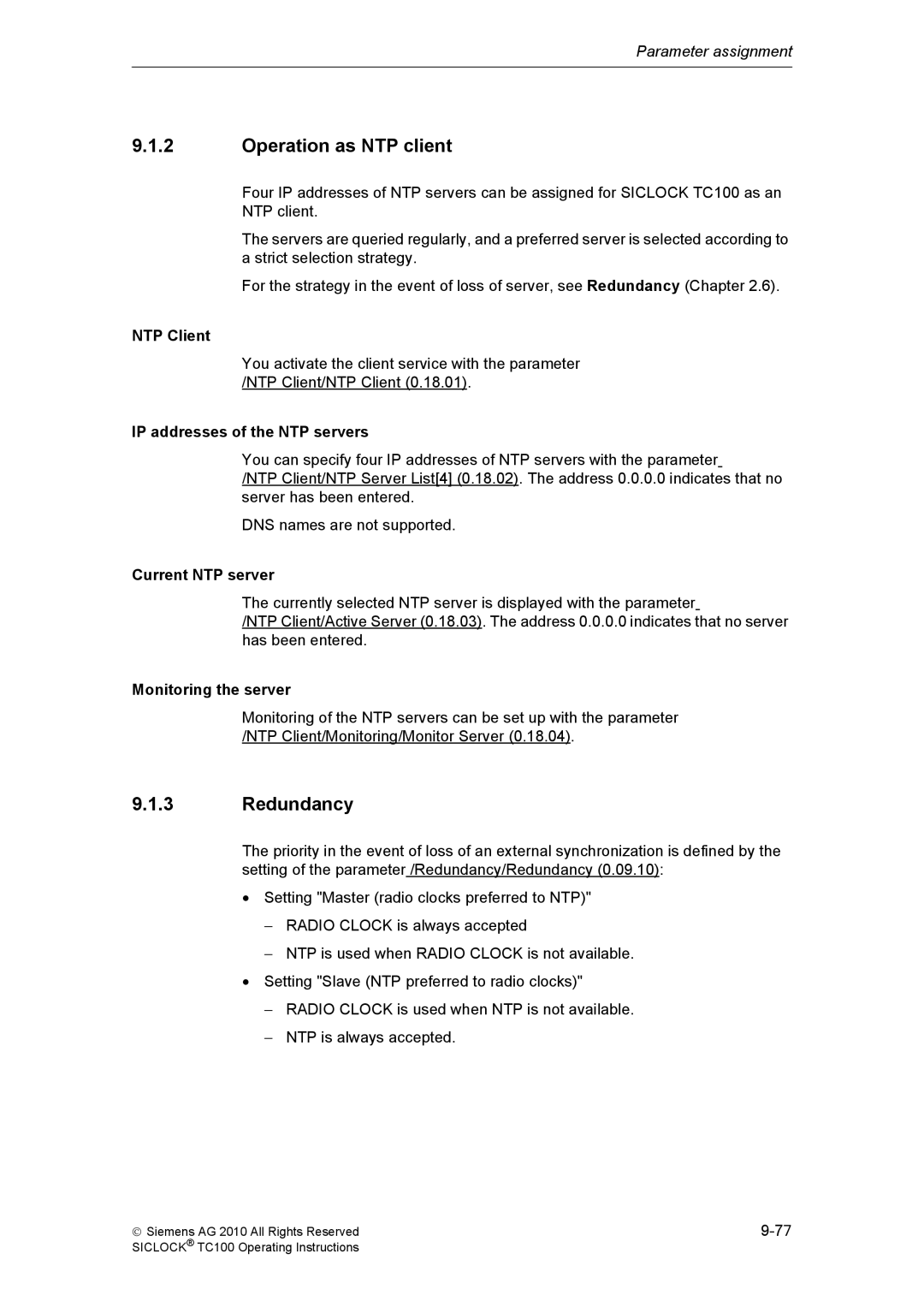 Siemens TC100 manual Operation as NTP client, Redundancy 