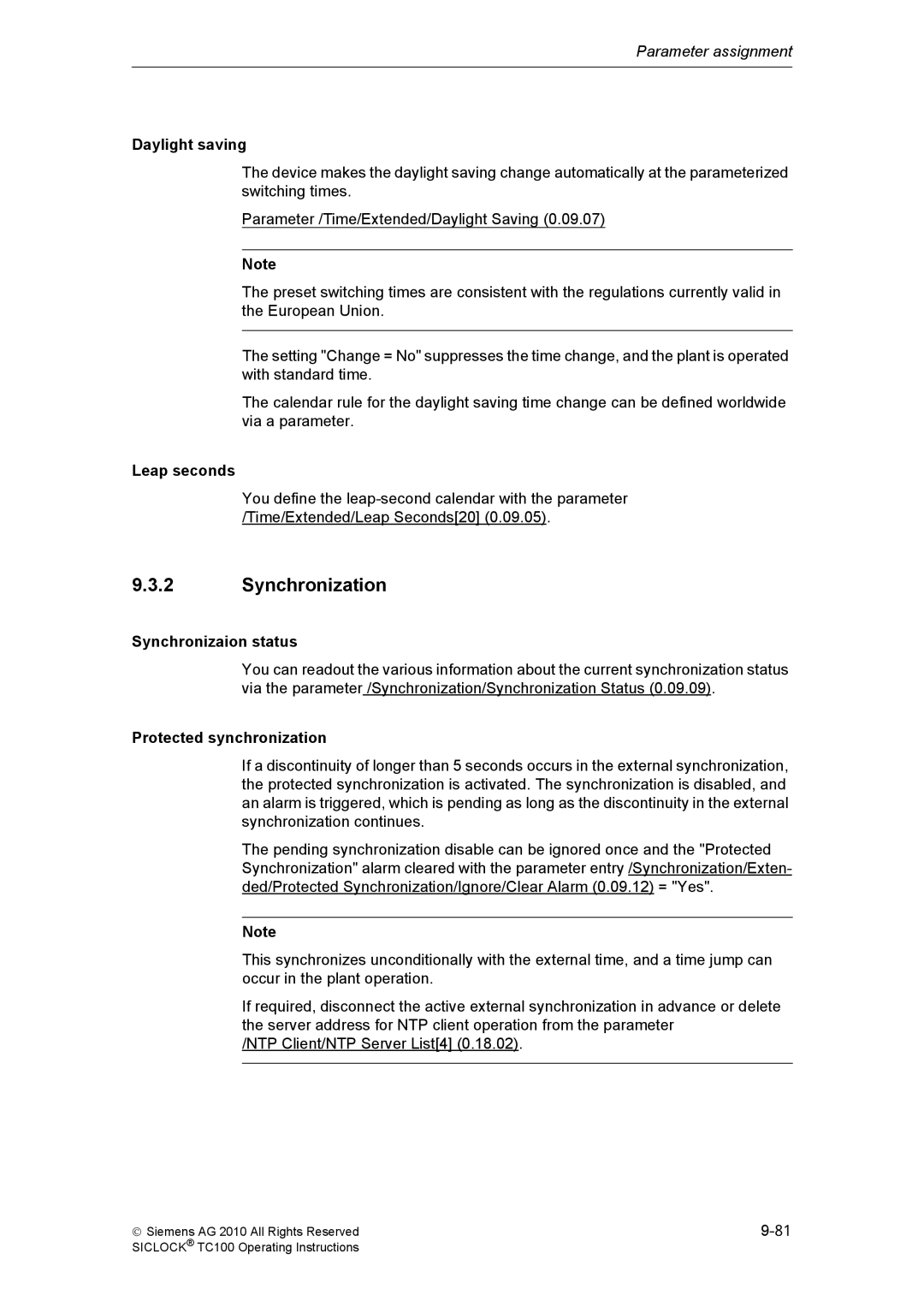 Siemens TC100 manual Synchronization, Daylight saving, Leap seconds, Synchronizaion status, Protected synchronization 