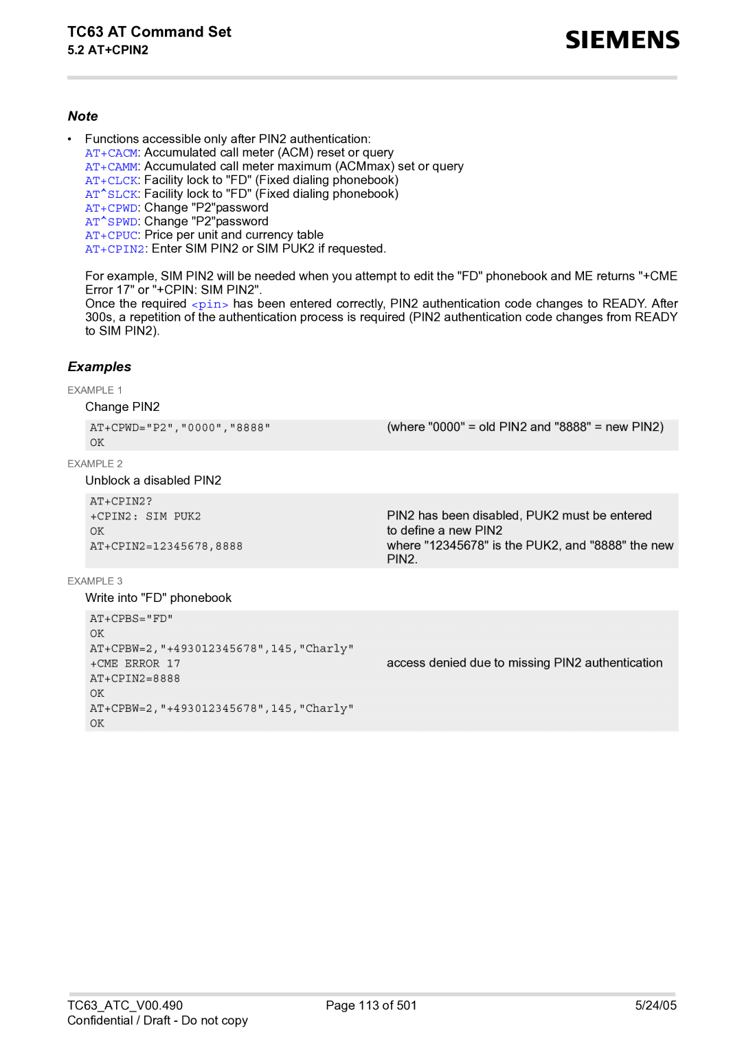 Siemens TC63 manual AT+CPIN2? +CPIN2 SIM PUK2, At+Cpbs=Fd, +CME Error 