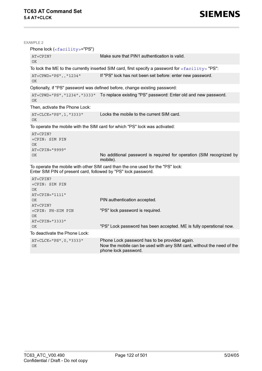 Siemens TC63 manual At+Cpin? +Cpin Sim Pin, AT+CPIN=1111, At+Cpin? +Cpin Ph-Sim Pin, AT+CPIN=3333, AT+CLCK=PS,0,3333 