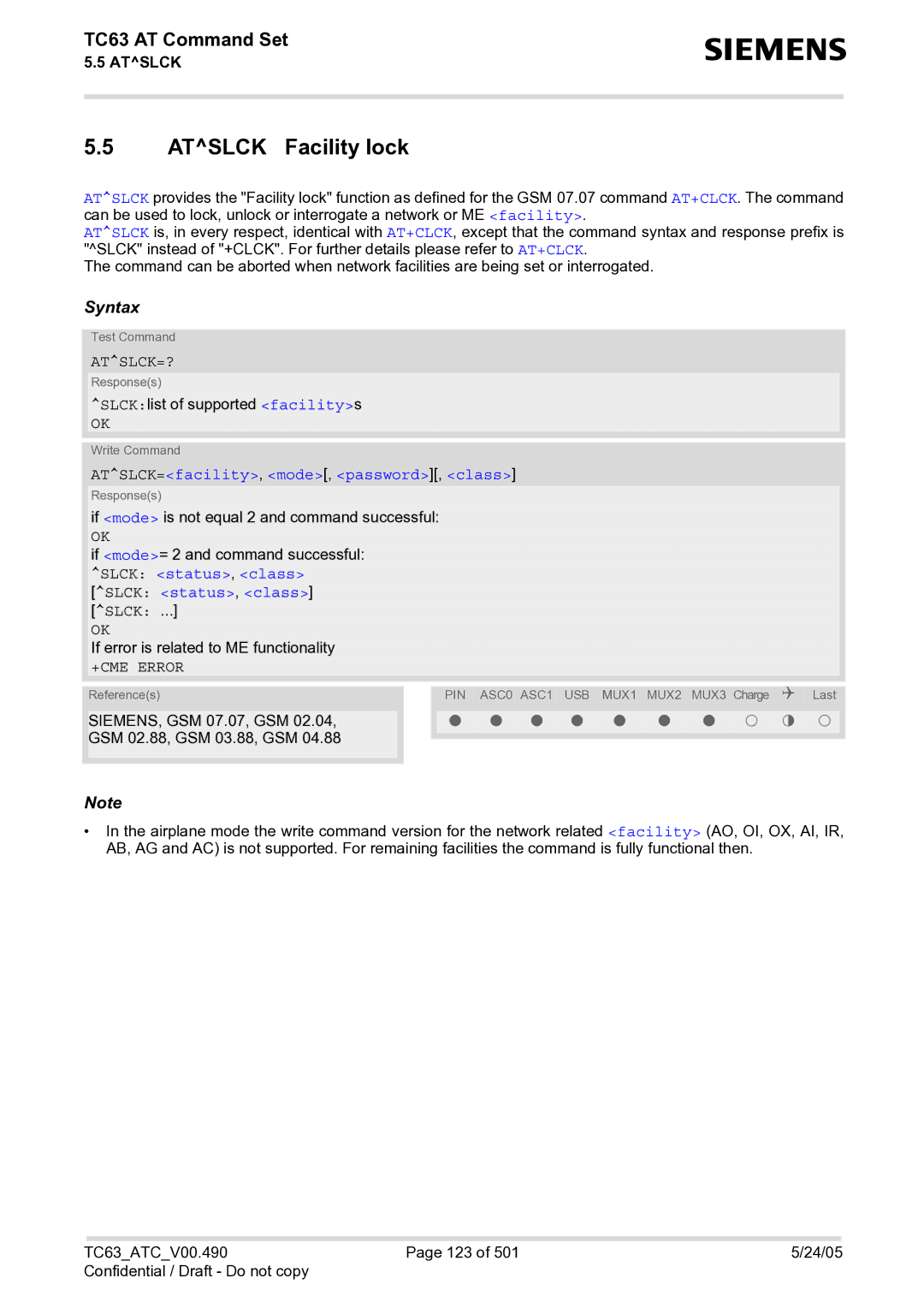 Siemens TC63 manual Atslck Facility lock, Atslck=?, ATSLCK=facility, mode, password, class, Slck status, class 