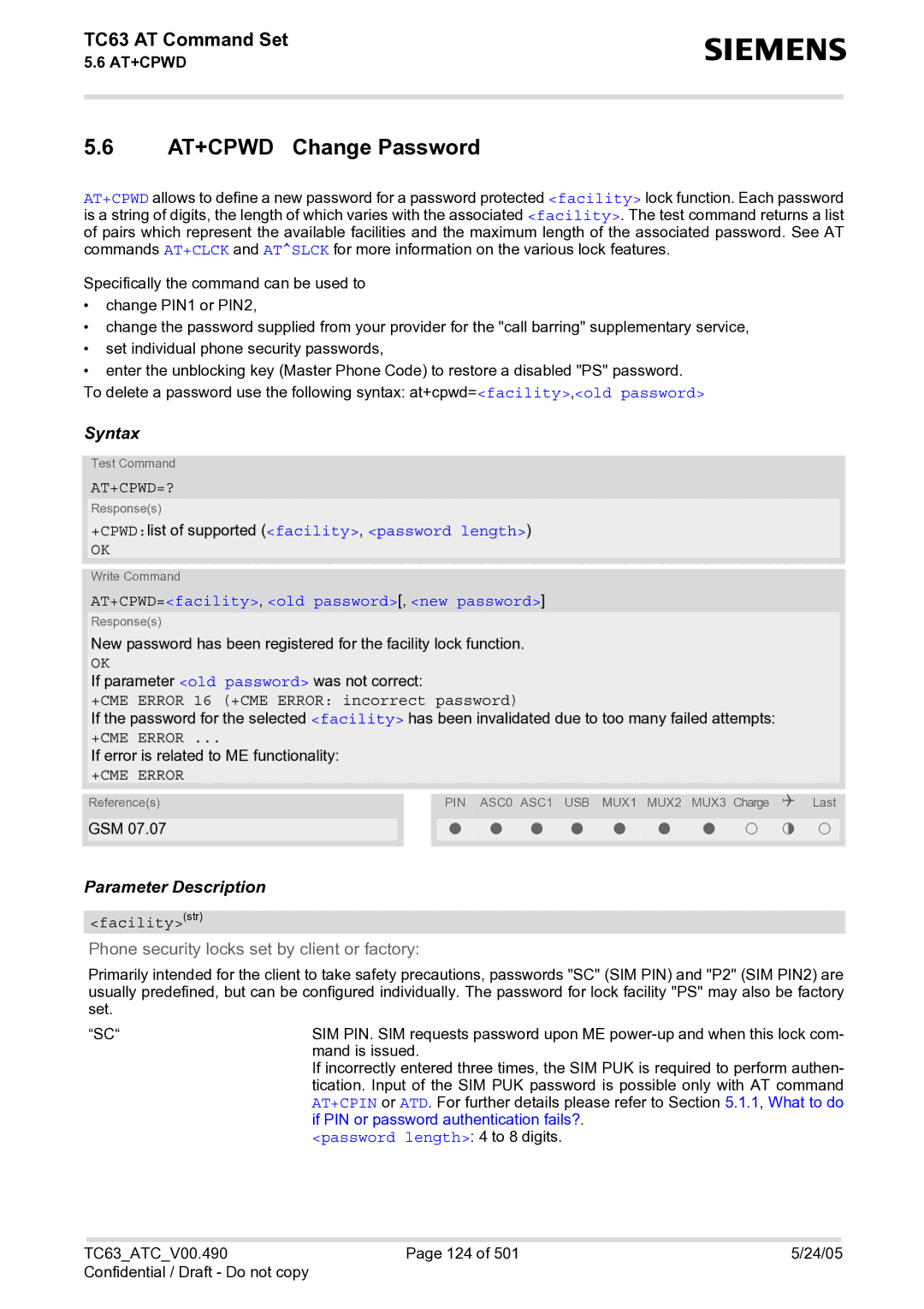 Siemens TC63 manual AT+CPWD Change Password, At+Cpwd=?, +CPWDlist of supported facility, password length 