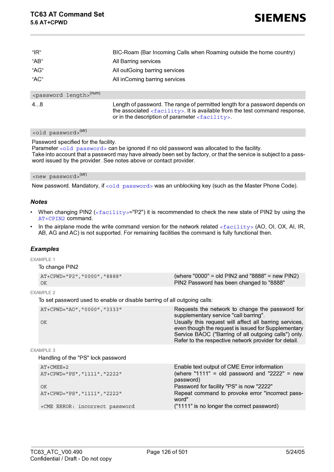 Siemens TC63 manual AT+CPIN2 command 