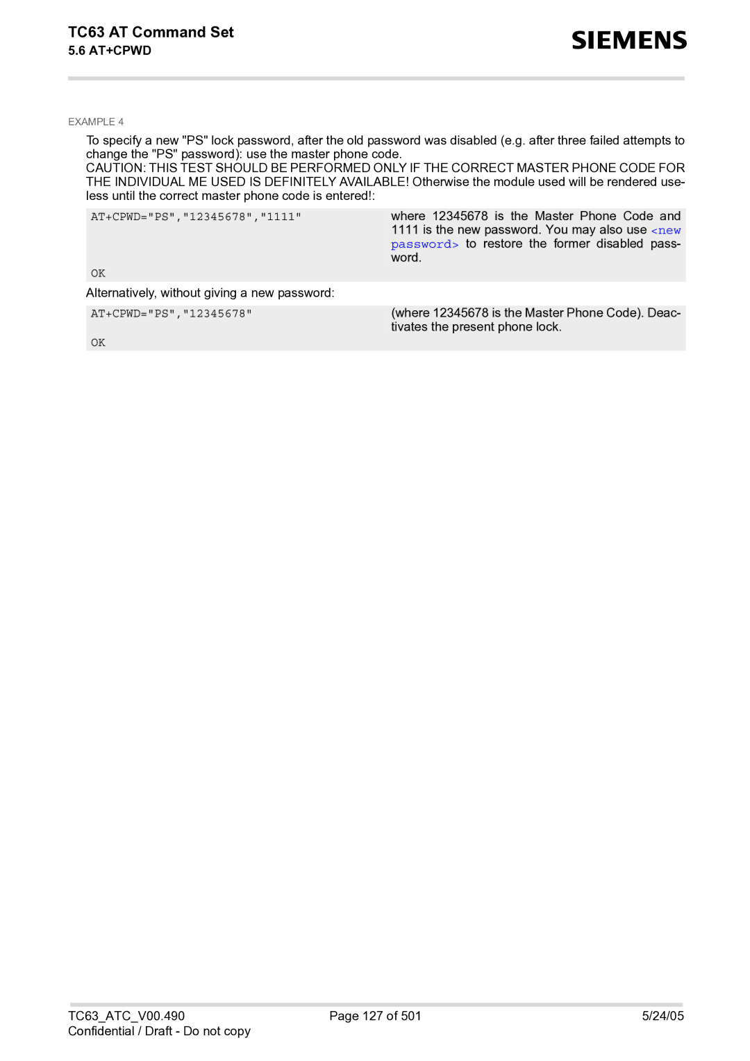 Siemens TC63 manual AT+CPWD=PS,12345678,1111 