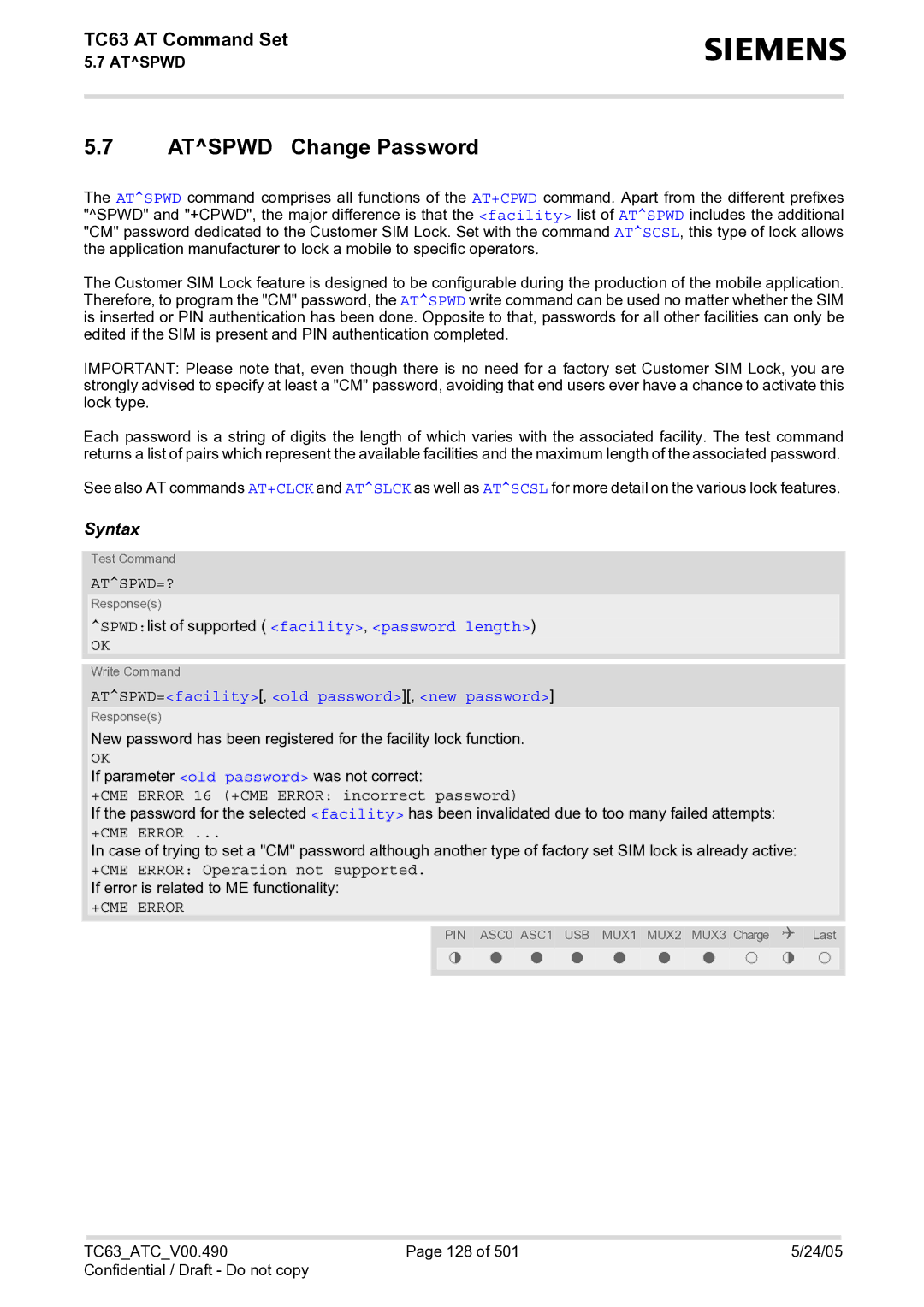 Siemens TC63 manual Atspwd Change Password, Atspwd=?, SPWDlist of supported facility, password length 