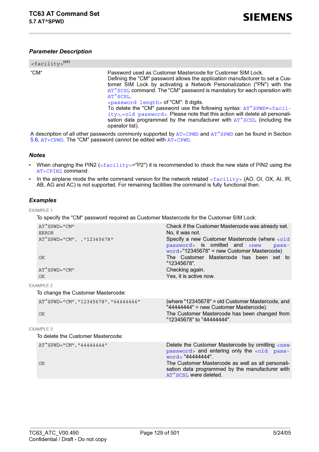 Siemens TC63 manual Password length of CM 8 digits, Atspwd=Cm 