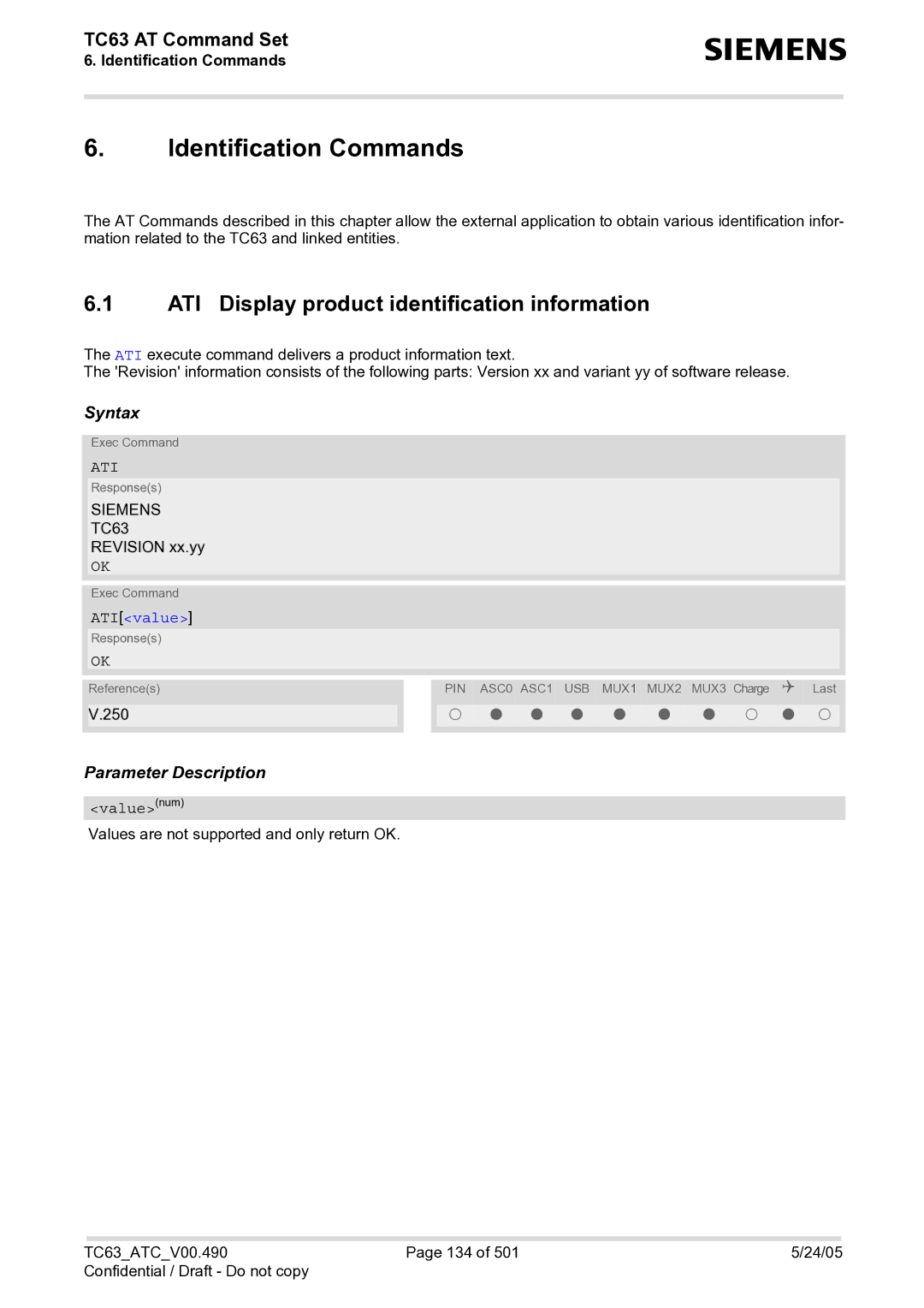 Siemens TC63 manual Identification Commands, ATI Display product identification information, Ati, ATIvalue 