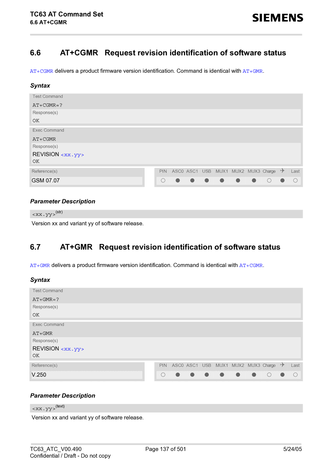 Siemens TC63 manual AT+CGMR Request revision identification of software status 