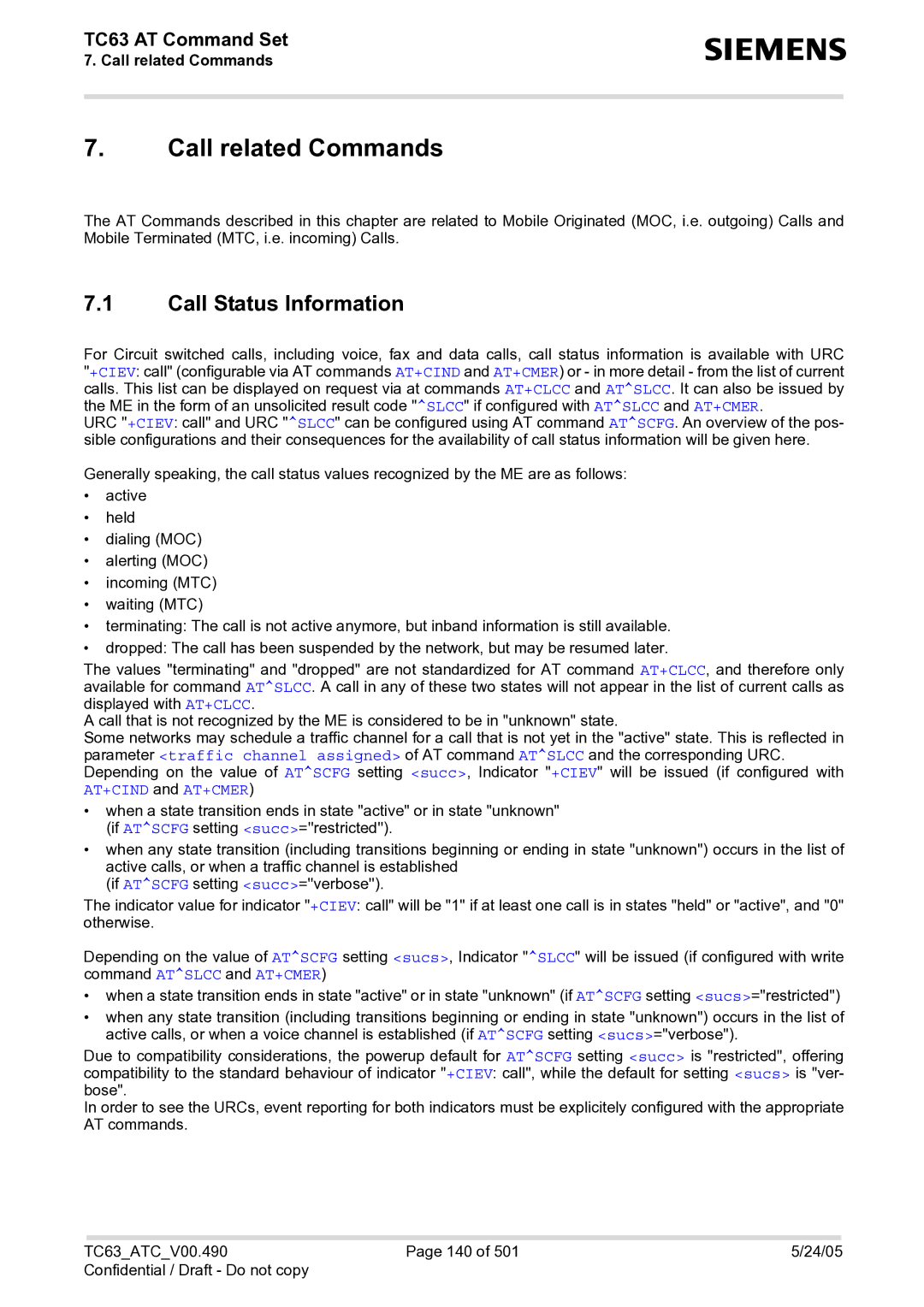 Siemens TC63 manual Call related Commands, Call Status Information, AT+CIND and AT+CMER 