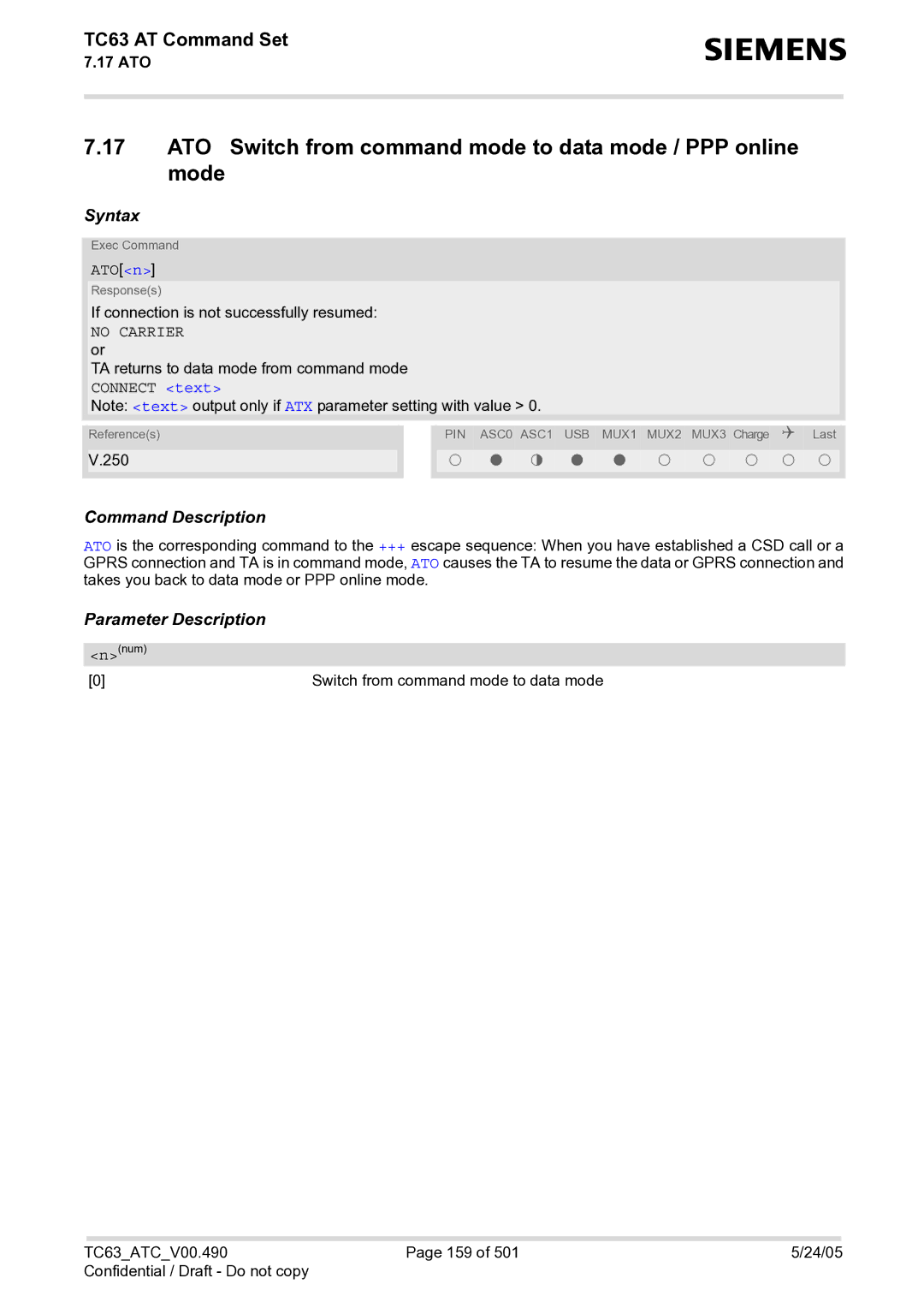 Siemens TC63 manual ATO Switch from command mode to data mode / PPP online mode, ATOn 