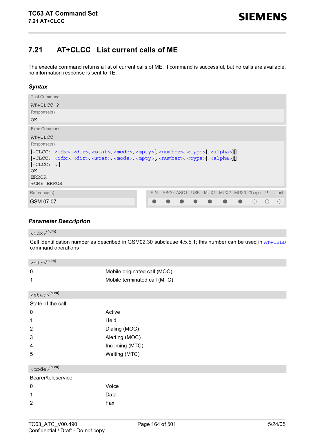 Siemens TC63 manual 21 AT+CLCC List current calls of ME, At+Clcc=?, +CLCC idx, dir, stat, mode, mpty, number, type, alpha 