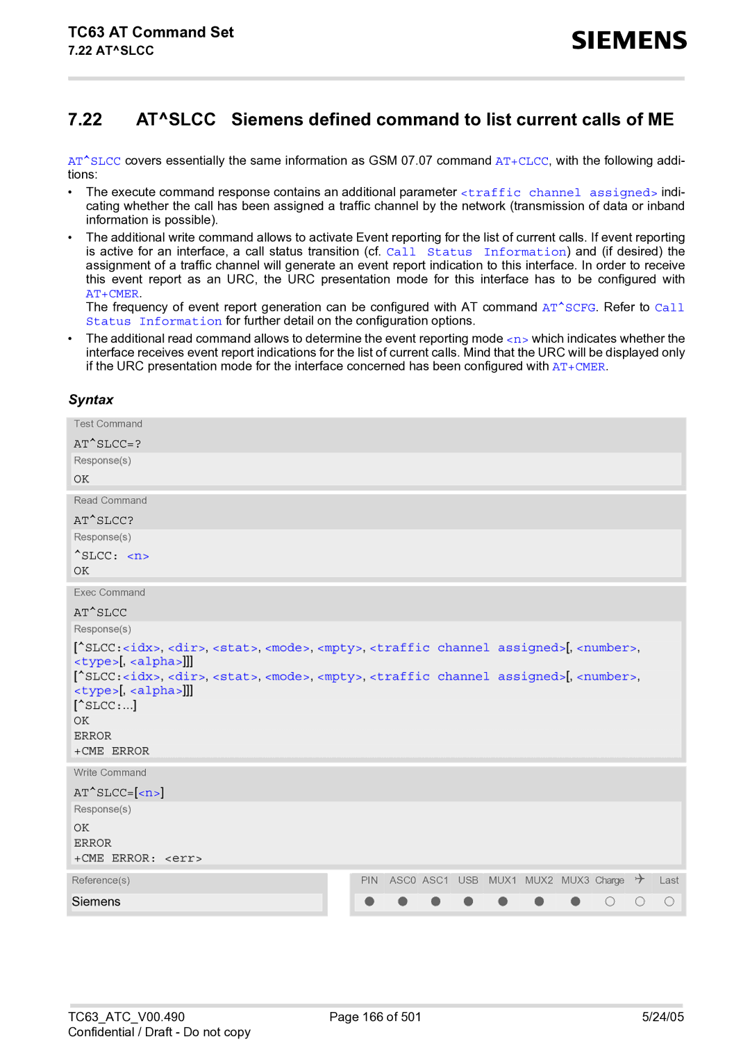 Siemens TC63 manual Atslcc Siemens defined command to list current calls of ME, Atslcc=?, Atslcc? 