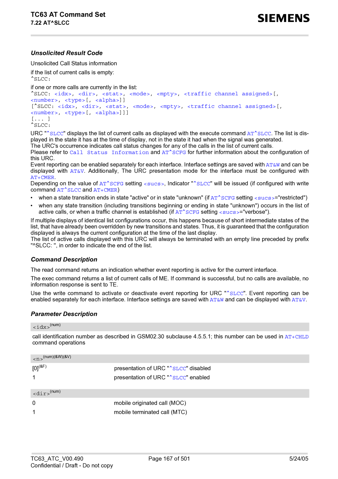 Siemens TC63 manual Presentation of URC Slcc disabled 