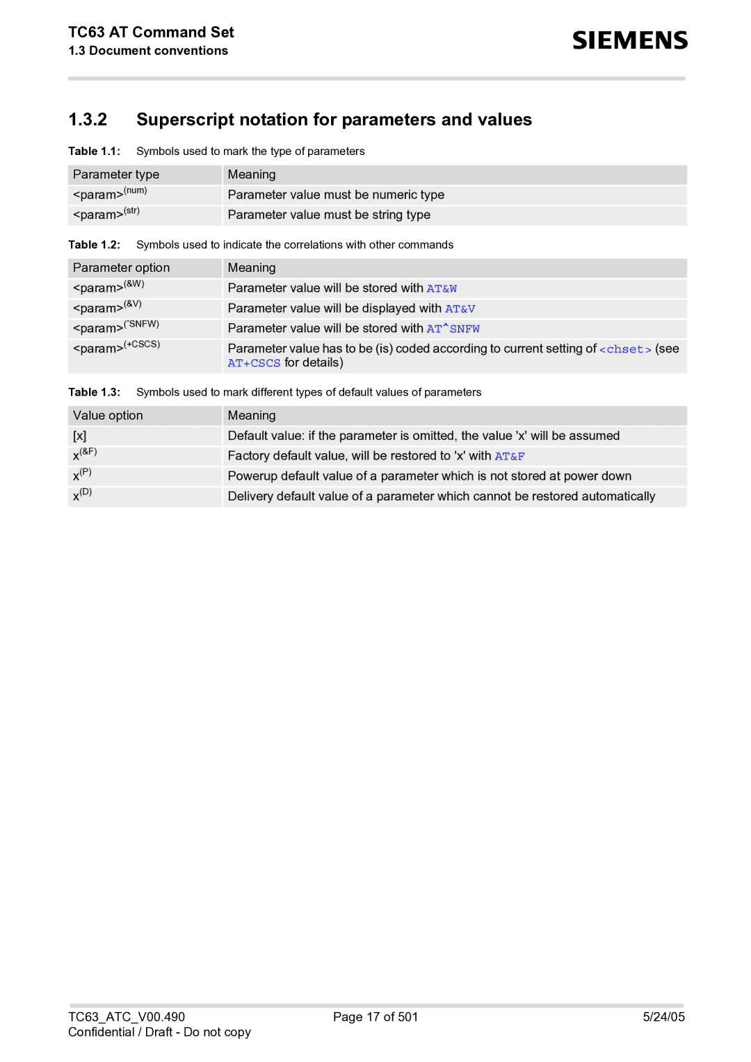 Siemens TC63 manual Superscript notation for parameters and values 