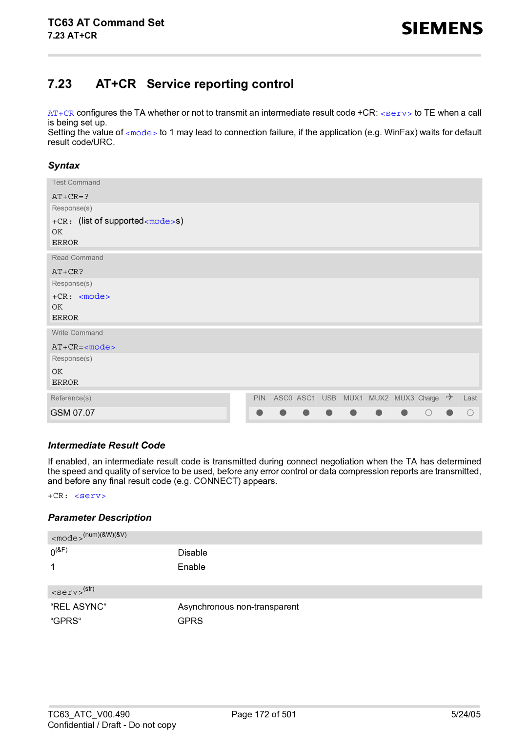 Siemens TC63 manual 23 AT+CR Service reporting control, At+Cr=?, At+Cr?, +CR mode, +CR serv 