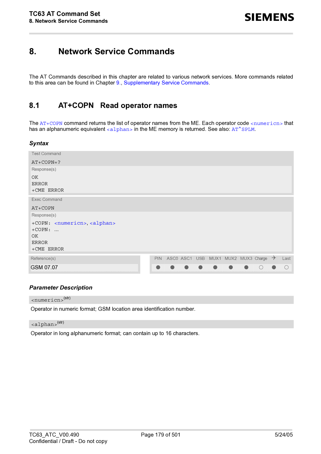 Siemens TC63 manual Network Service Commands, AT+COPN Read operator names, At+Copn=?, +COPN numericn, alphan 