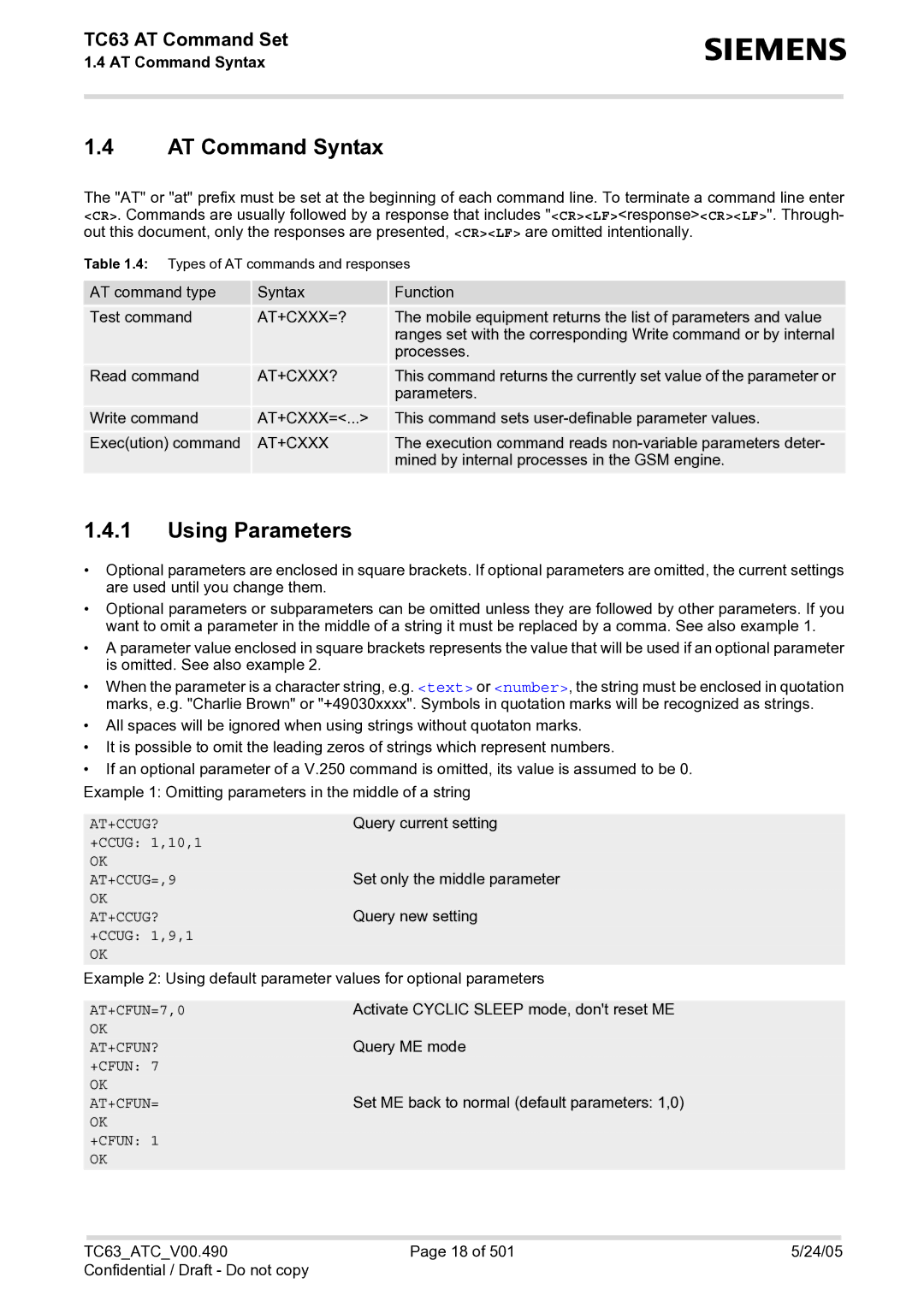 Siemens TC63 manual AT Command Syntax, Using Parameters 