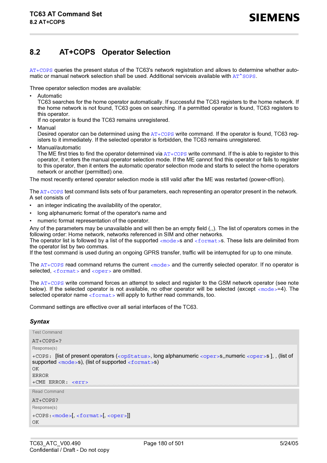 Siemens TC63 manual AT+COPS Operator Selection, At+Cops=?, At+Cops?, +COPSmode, format, oper 