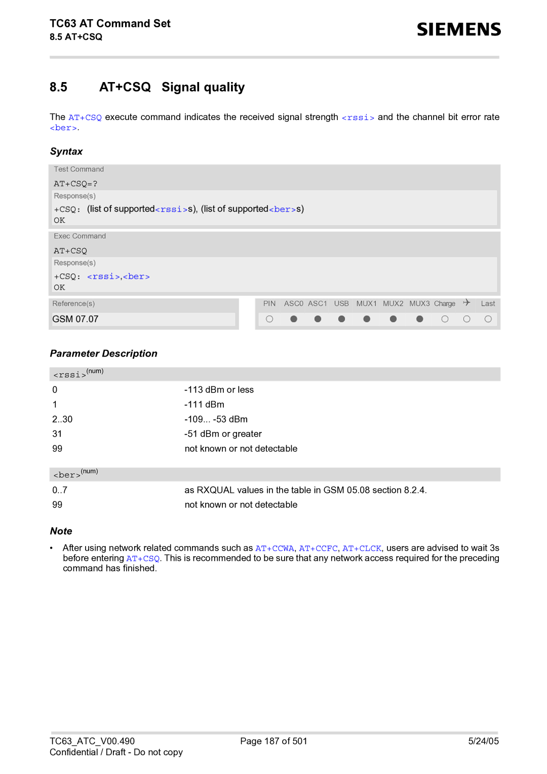 Siemens TC63 manual AT+CSQ Signal quality, At+Csq=?, +CSQ rssi,ber 