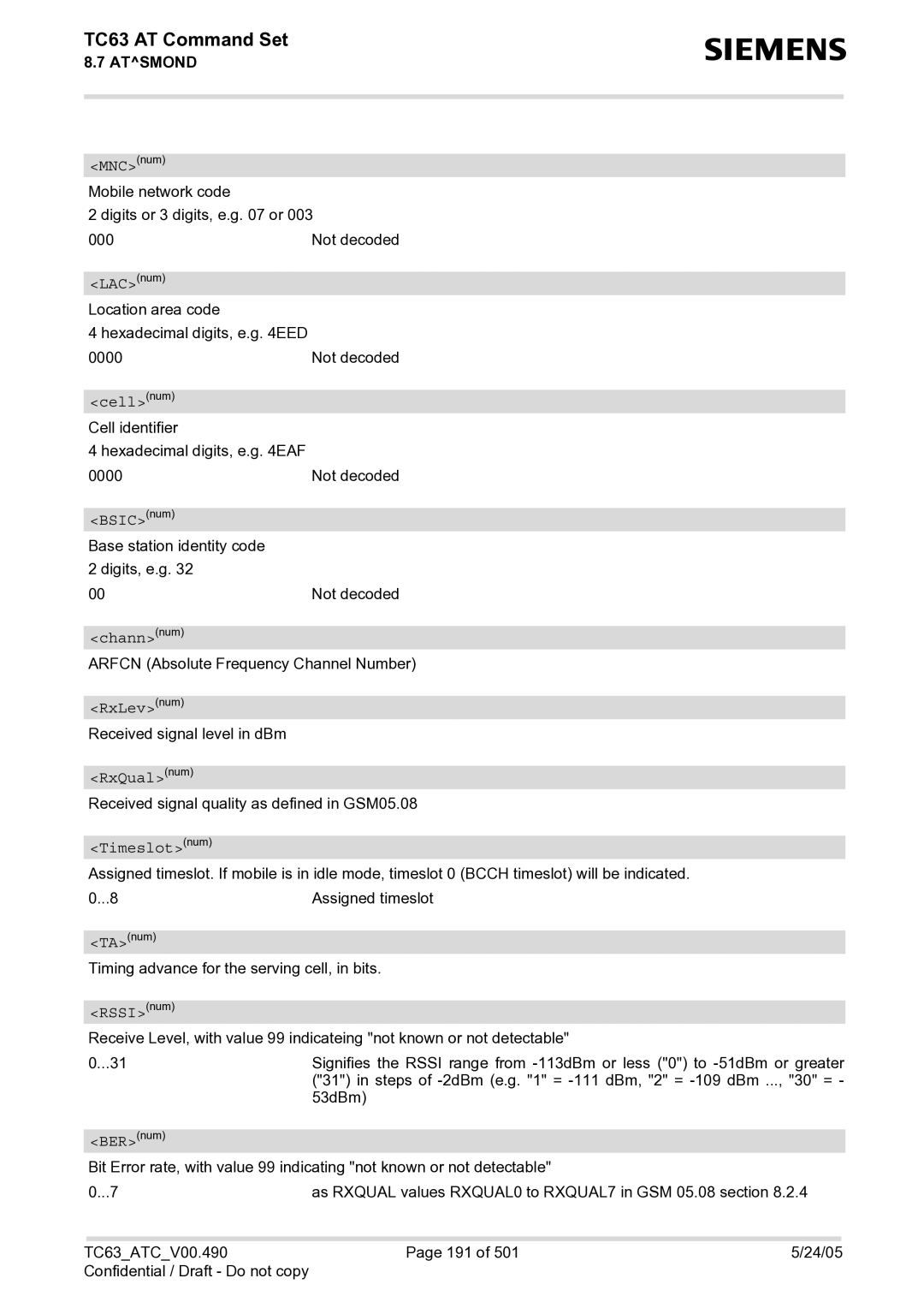 Siemens TC63 manual RxLevnum, RxQualnum, Timeslotnum 