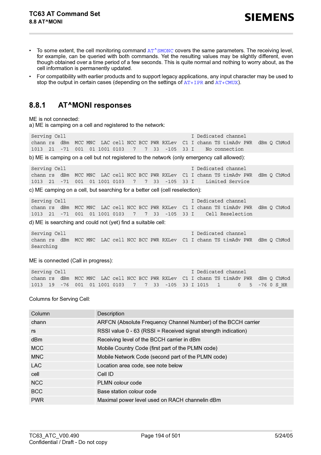 Siemens TC63 manual Atmoni responses, Mcc Mnc 