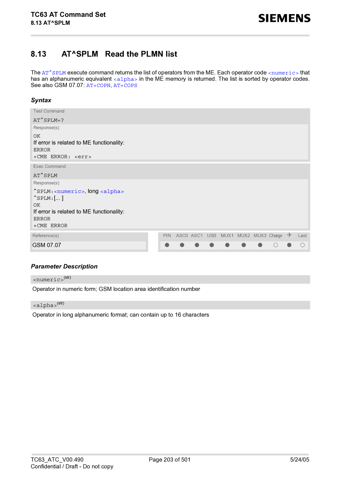 Siemens TC63 manual Atsplm Read the Plmn list, Atsplm=?, SPLMnumeric, long alpha, Error +CME Error 