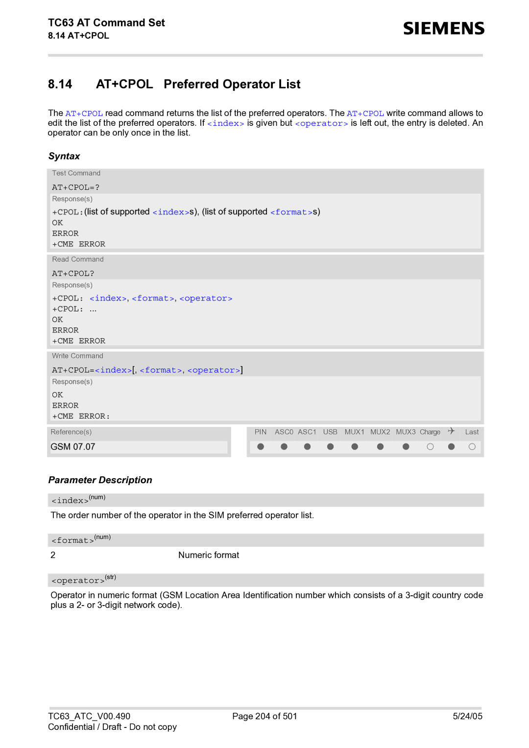 Siemens TC63 manual 14 AT+CPOL Preferred Operator List, At+Cpol=?, At+Cpol?, +CPOL index, format, operator 