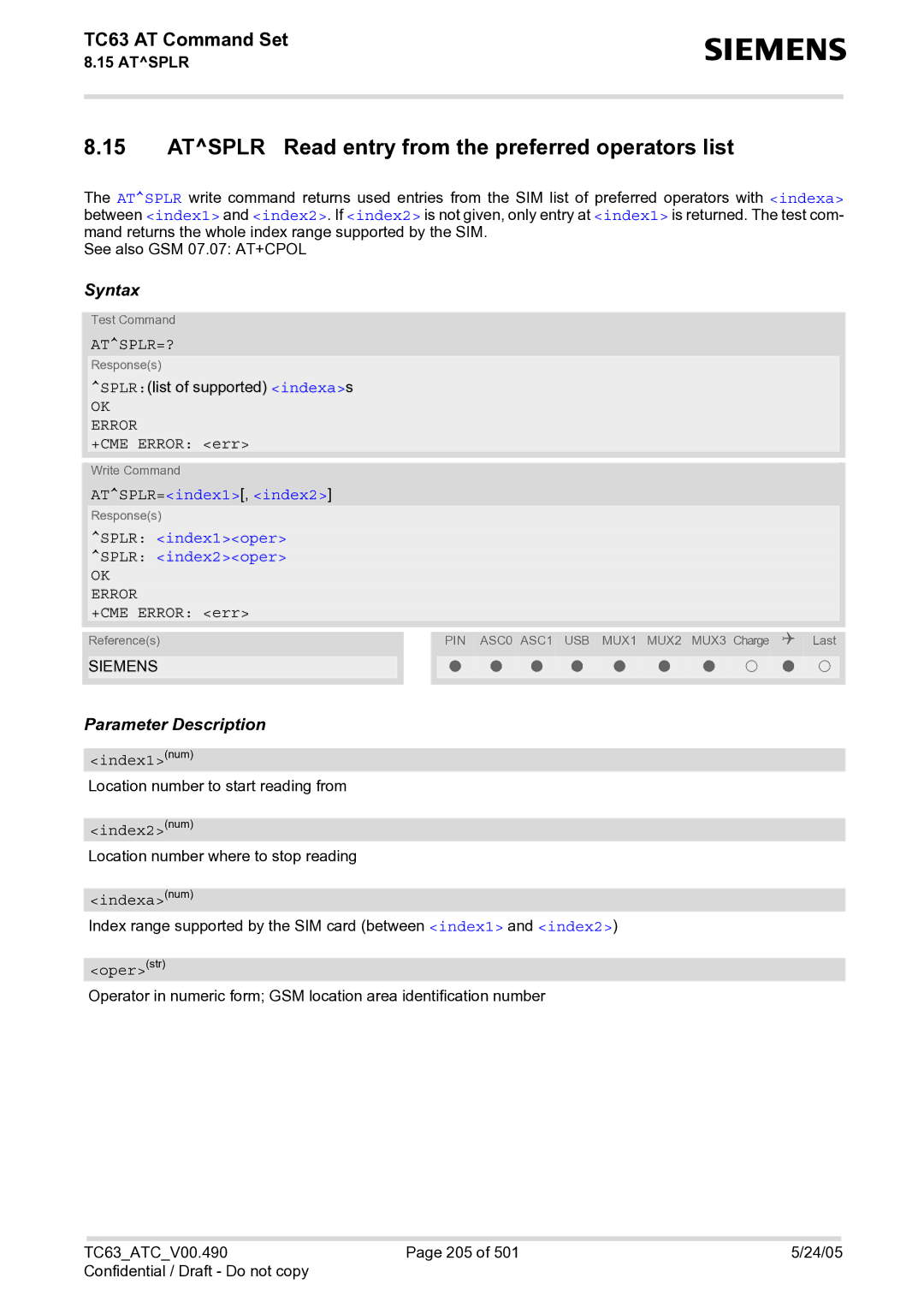 Siemens TC63 manual Atsplr Read entry from the preferred operators list, Atsplr=?, ATSPLR=index1, index2 