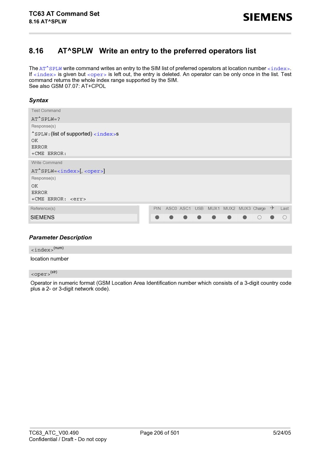 Siemens TC63 manual Atsplw Write an entry to the preferred operators list, Atsplw=?, ATSPLW=index, oper 