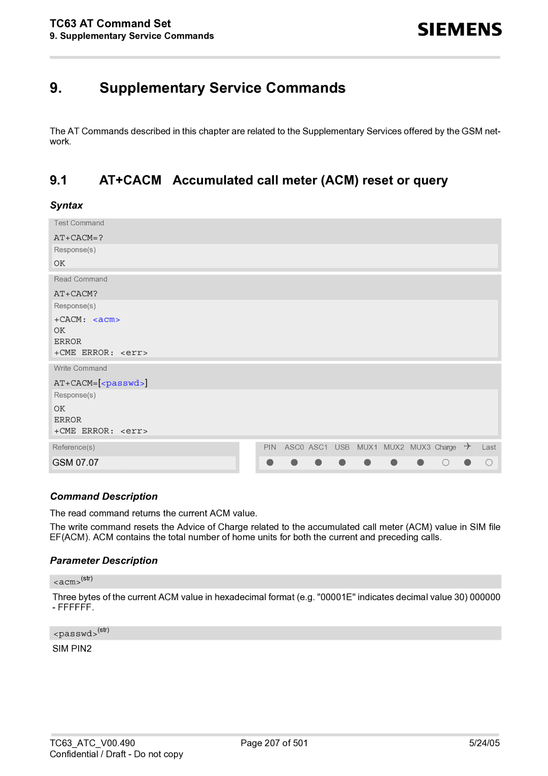 Siemens TC63 manual Supplementary Service Commands, AT+CACM Accumulated call meter ACM reset or query, At+Cacm=?, At+Cacm? 