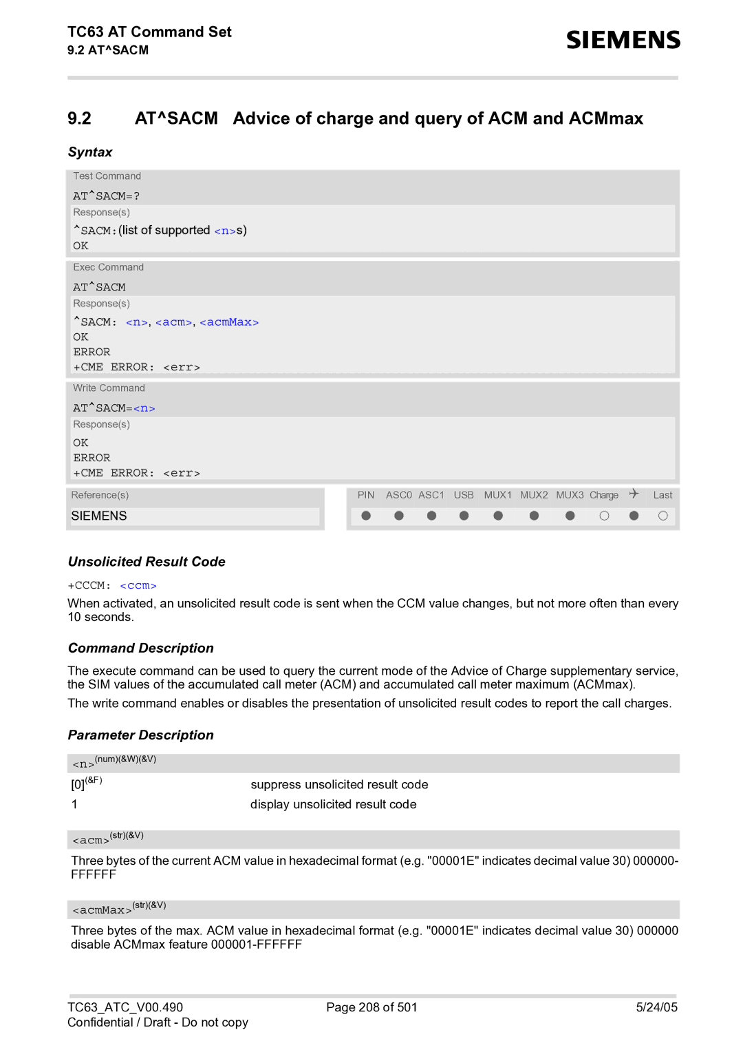 Siemens TC63 manual Atsacm Advice of charge and query of ACM and ACMmax, Atsacm=?, Sacm n, acm, acmMax 