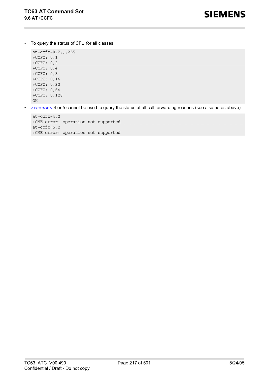 Siemens TC63 manual To query the status of CFU for all classes, At+ccfc=4,2 +CME error operation not supported at+ccfc=5,2 