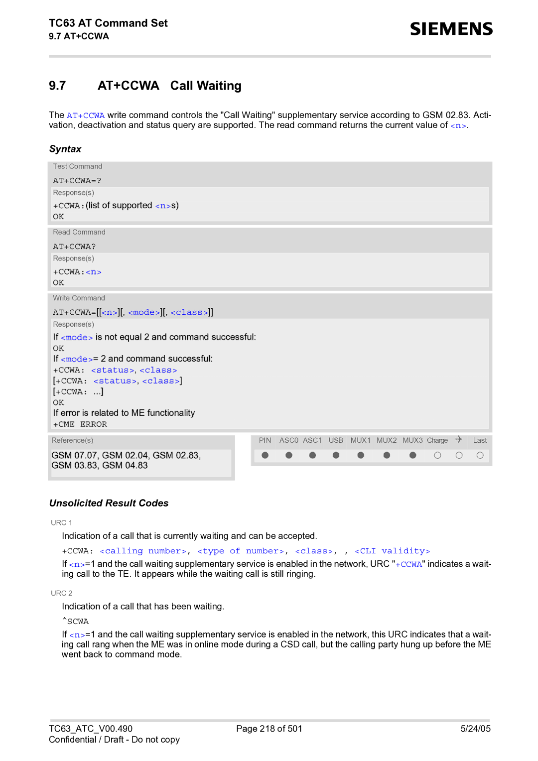 Siemens TC63 manual AT+CCWA Call Waiting, At+Ccwa=?, At+Ccwa?, Scwa 